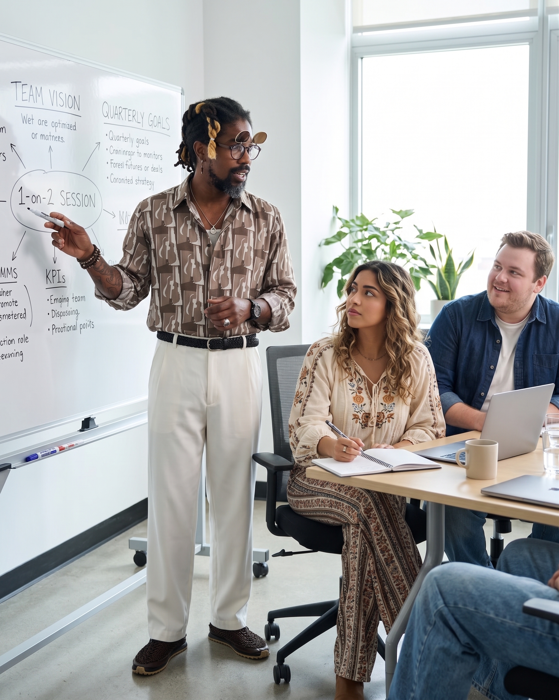 Tino Noir leading a team coaching session at a whiteboard