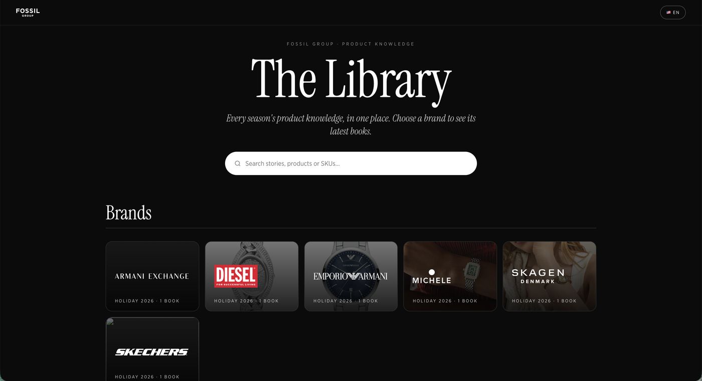 PK Library home: search bar and a shelf of brand cards